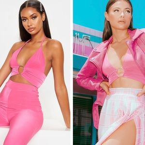 Prettylittlething Hot Barbie Pink Plunge Ring Detail Haltertop Bralette